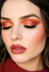 Close-up of a woman's expertly applied orange and gold eyeshadow and bold lipstick, highlighting professional makeup artistry.

