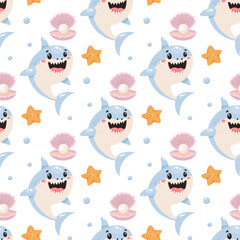 Seamless cartoon pattern with smiling sharks, pink clamshells, pearls, and starfish