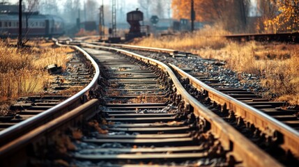 Obraz premium railway track curving through an autumnal landscape evoking journeys exploration and the passage of time with warm golden hues and soft focus