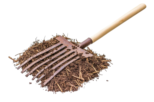 Gardening tools laid aside after a day of turning soil in a vibrant backyard garden space isolated on transparent background