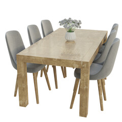 3D rendered modern wooden dining table with six chairs isolated on transparent background