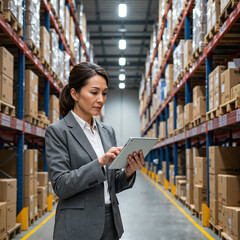 Businesswoman managing supplier relationships in a warehouse  