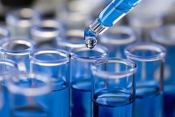 Test tube with blue liquid in laboratory. 