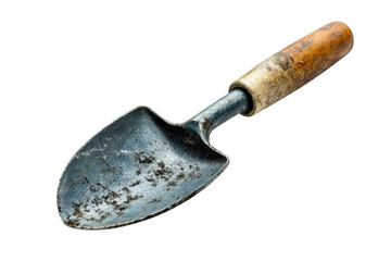 A weathered garden trowel resting on a white surface, ready for planting in the springtime garden isolated on transparent background