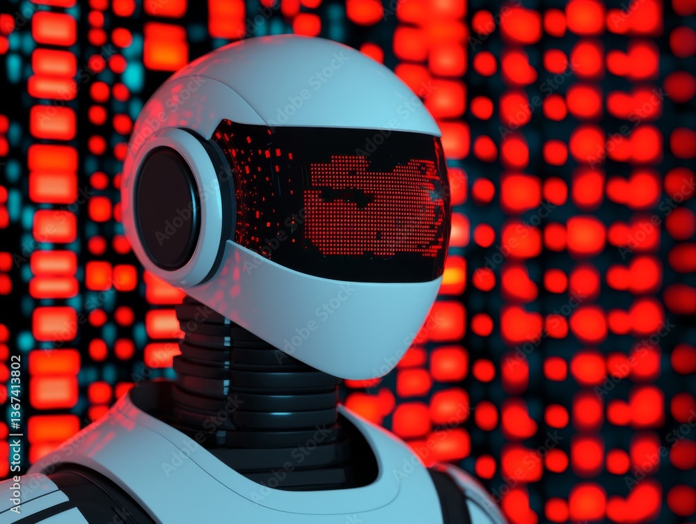 Poster futuristic robot head close-up tech lab digital art neon environment from the front innovation in ro