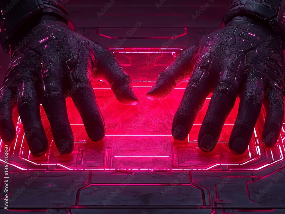 Poster futuristic robotic hands interact with neon interface cybernetic lab digital art high-tech environme