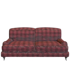 3D rendered red vintage worn out sofa isolated on transparent background