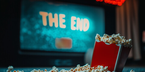  the end movie screen with spilled popcorn box concept of end of story of last show of web series season