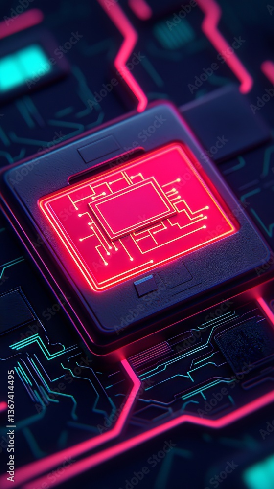 Poster futuristic microchip technology development tech lab digital artwork neon environment close-up viewp