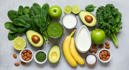 Ingredients for green smoothie, spinach, kale, avocado, banana, green apple, lime and almond milk.