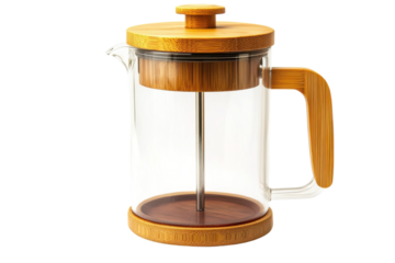 Sleek glass French press with bamboo accents on a minimalist kitchen counter at midday isolated on transparent background