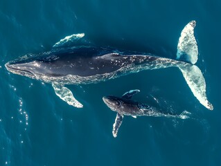 Fototapeta premium An aerial view shows a humpback whale mother and her calf swimming together in the deep blue ocean.