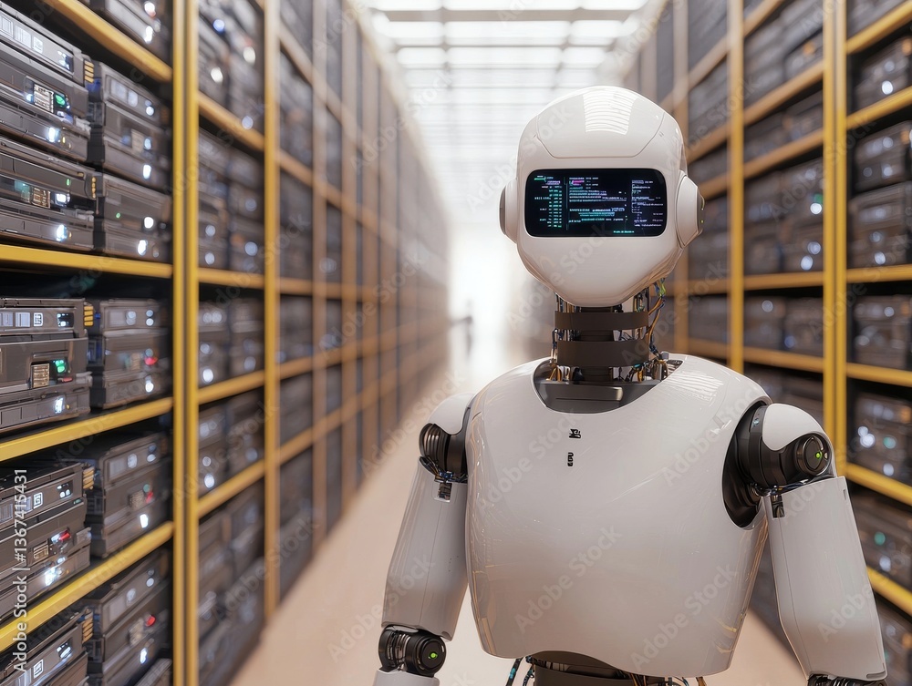 Poster advanced robot operates in modern data center technology innovation futuristic environment close-up 