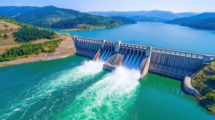 A stunning aerial view of a dam releasing water into a turquoise reservoir, surrounded by lush greenery and mountains in the background, Green Technology.
