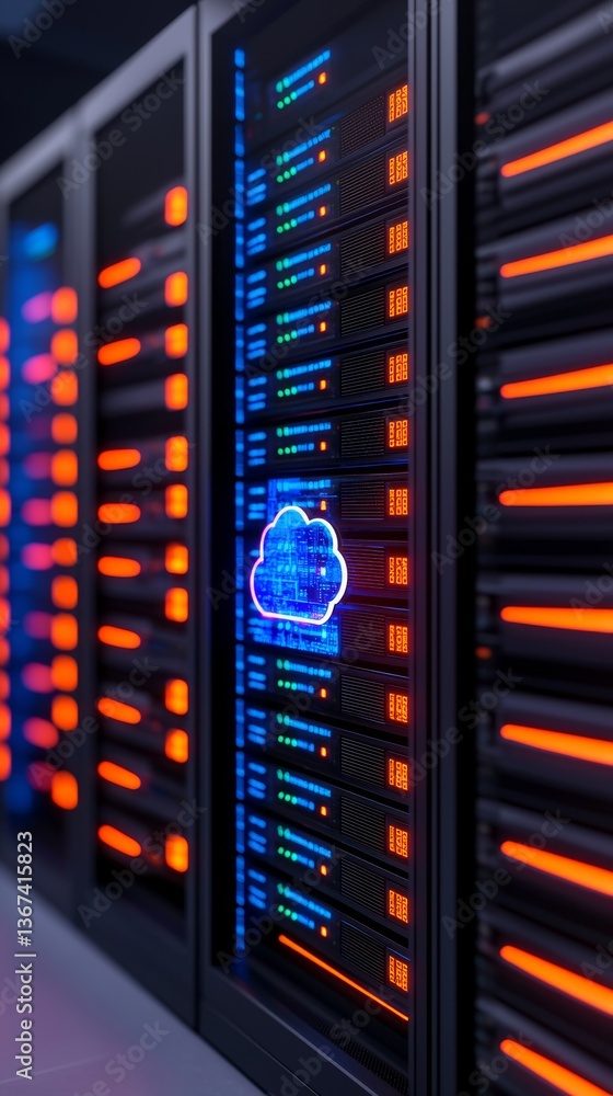 Poster data center server racks with advanced technology cloud storage digital environment close-up high-te