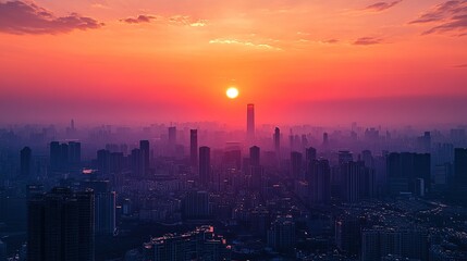 Fototapeta premium Golden Sunset Over Modern Cityscape, A Moment of Urban Tranquility