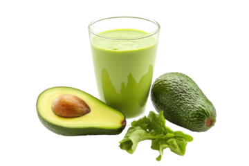 Fresh avocado smoothie with greens and ripe avocados on a bright white background isolated on transparent background