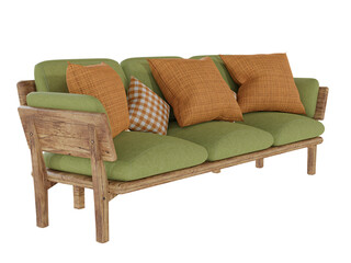 3D rendered retro wooden sofa with cushions isolated on transparent background