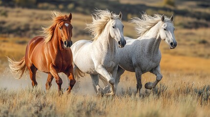 Three majestic horses run freely across a vast golden prairie under the warm afternoon sun.