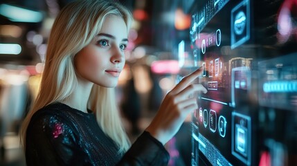 Young Blonde Woman Using a Futuristic Digital Interface in a Fashion Store – A High-Tech Shopping Experience with Online Ordering and Product Interaction"