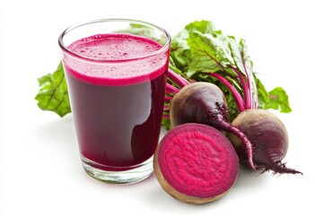 Refreshing beetroot juice with fresh beetroots and greens on a clean white background isolated on transparent background