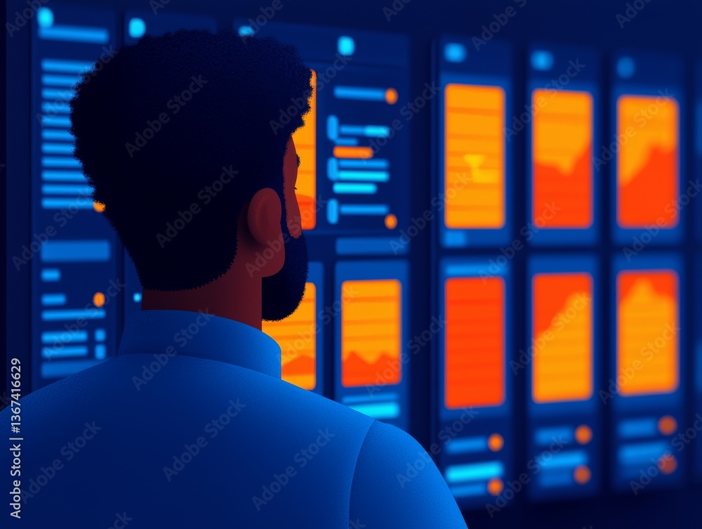 Poster data analyst reviewing charts and insights modern office digital visualization analytical environmen