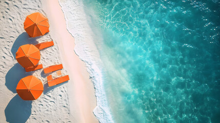 Obraz premium Beautiful beach with turquoise water and orange umbrellas, view from above, summer vacation concept banner background