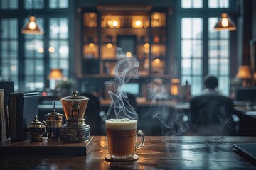 Obraz premium Blurry Dim Office Vista with Vintage Decor and Steaming Drinks