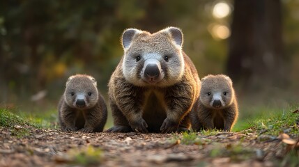 Fototapeta premium A mother wombat and her two adorable babies pose for a heartwarming family portrait in their natural woodland habitat.