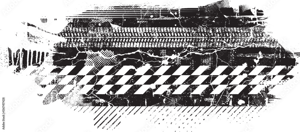 Fototapete Glitch distorted grunge layer . Noise destroyed texture. Checkered race grunge flag . Overlay grunge texture .Distressed effect .Vector shapes with a speed lines and tire tracks screen print texture.
