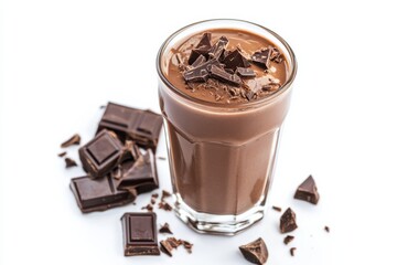 Indulgent chocolate milkshake topped with dark chocolate pieces on a bright background isolated on transparent background