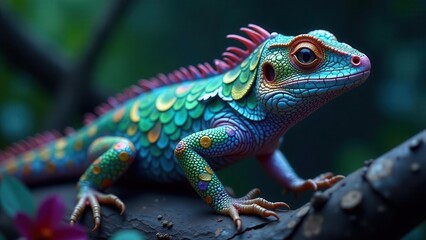 Obraz premium Vibrant iridescent lizard perched on a dark branch, displaying intricate scales and striking colors in a lush, mysterious environment