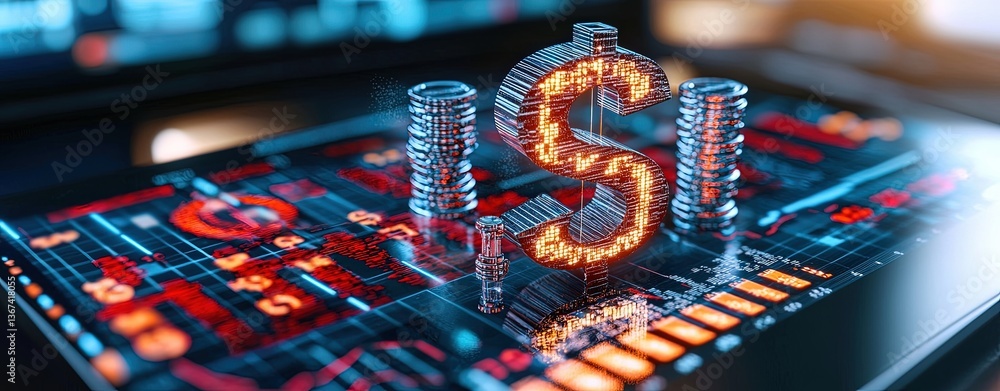 Poster three-dimensional illustration of economic concepts featuring dollar sign and coin stacks in a digit