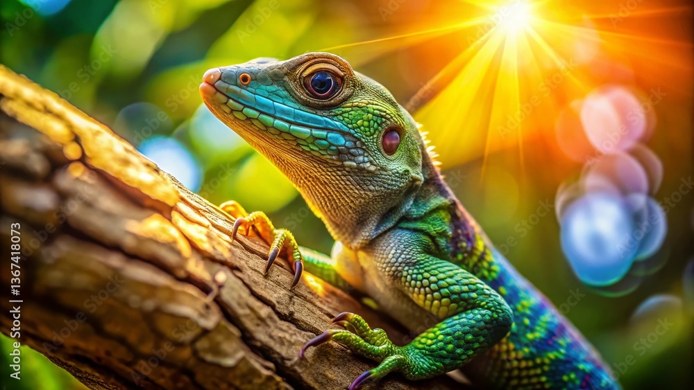 Poster close-up of a lizard on a tree branch in wild nature - selective focus