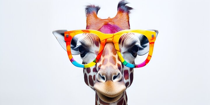A colorful giraffe wearing glasses against a white background, detailed and humorous, in high resolution, a professional photograph with bright colors, and no text in the image. bokeh background