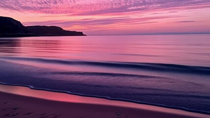 A dreamy pink and purple sky over a calm sea, with soft waves rolling onto a sandy beach