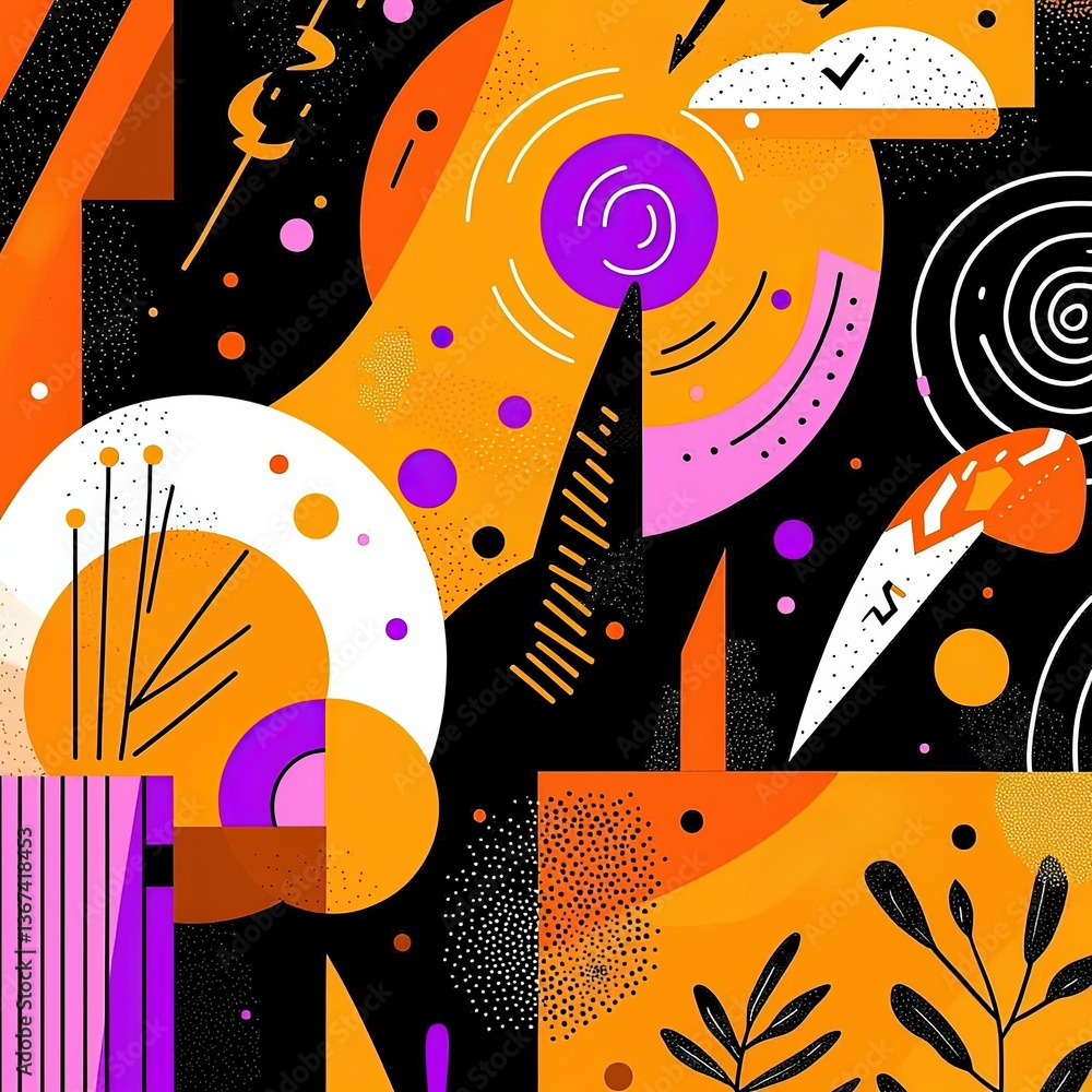 Poster colorful abstract illustration featuring simplified characters and shapes in a dynamic composition w