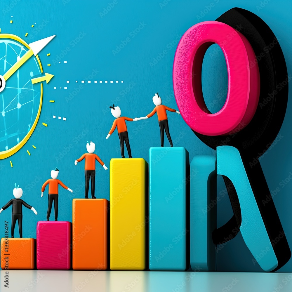 Poster colorful illustration of simplified characters growing on bar graph with magnifying glass overlay, r