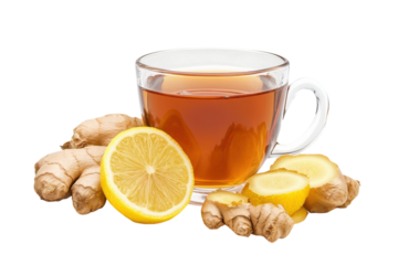 Invigorating ginger tea with lemon slices and fresh ginger roots on a bright background isolated on transparent background