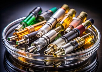 Close-up of assorted vaping devices and cartridges in a glass ashtray.  High-resolution studio shot.