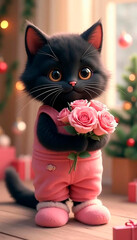 black cat with flowers