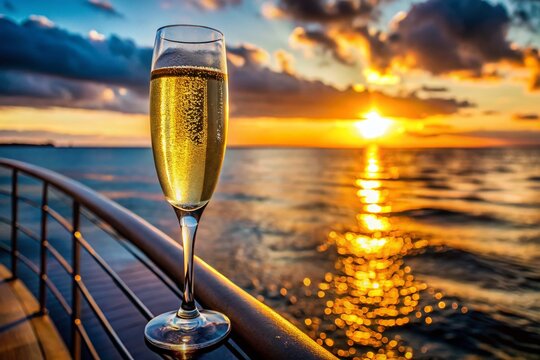 Close-up of a Sparkling Champagne Flute on a Cruise Ship Deck at Sunset - Bon Voyage