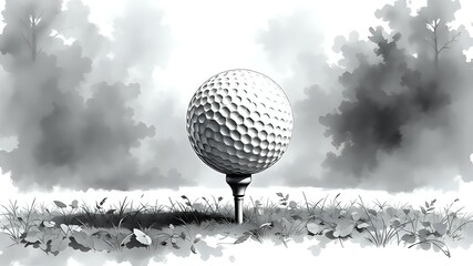 Monochrome Ink Illustration of a Golf Ball on a Tee, artistic concept 