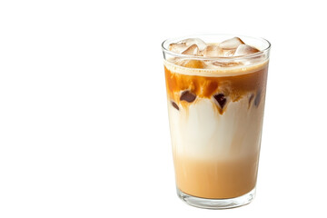 Chilled coffee delight with layers of cream and ice served in a clear glass on a bright surface isolated on transparent background