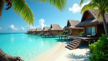 Serene Overwater Cabanas on a Tropical Beach with Crystal Clear Water and Lush Palm Trees