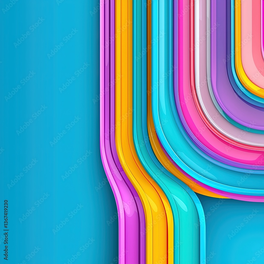 Poster brightly colored layered abstract illustration featuring dynamic shapes and smooth curves for modern