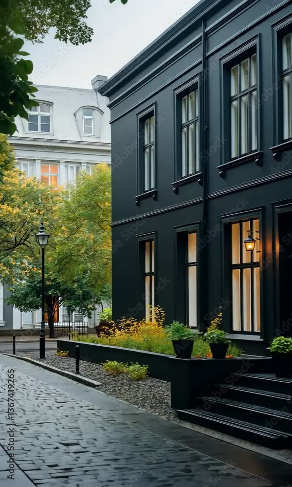 Poster a black building with a white roof and windows. the building is surrounded by trees and has a sidewa