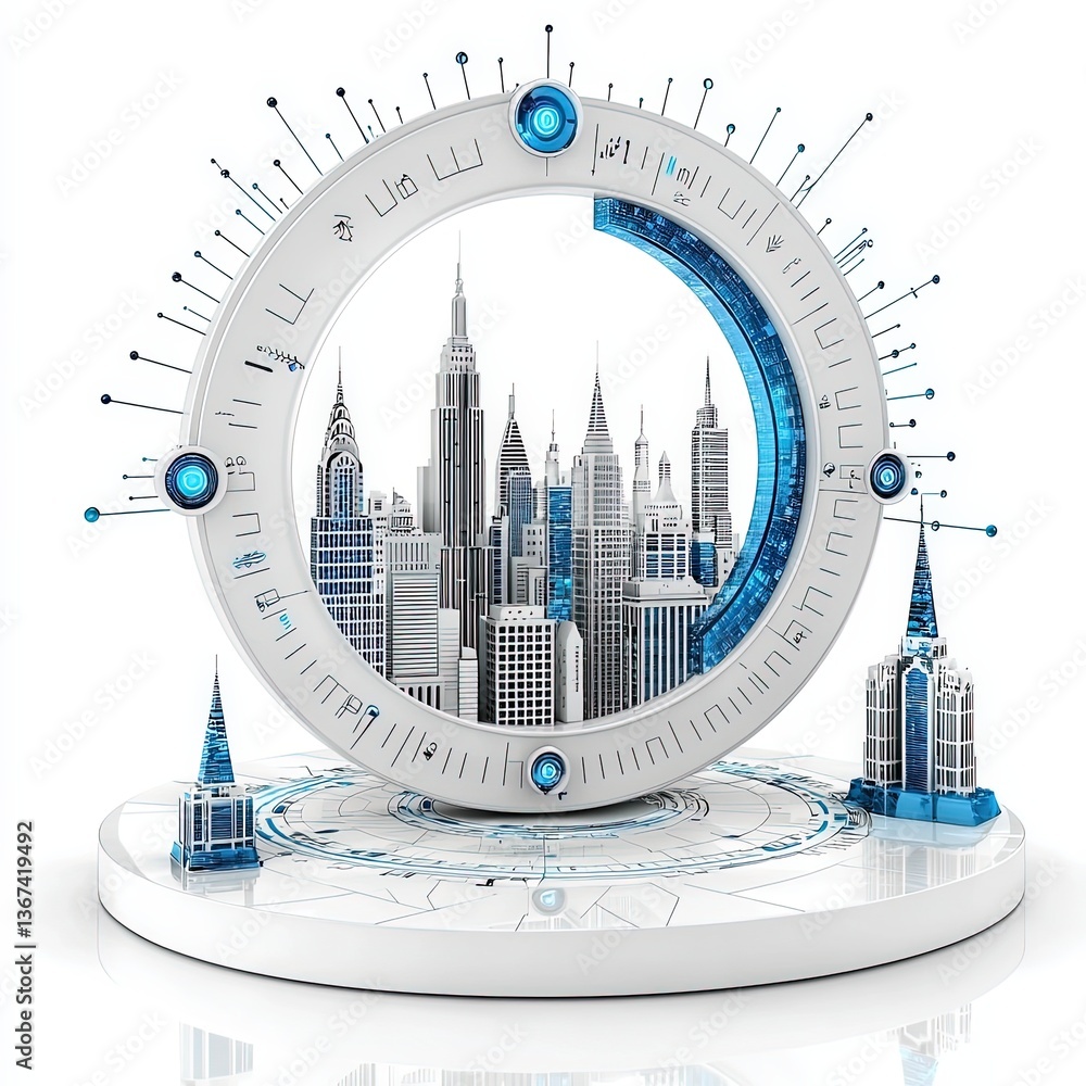 Poster isometric illustration of futuristic cityscape with circular frame and modern architecture elements 