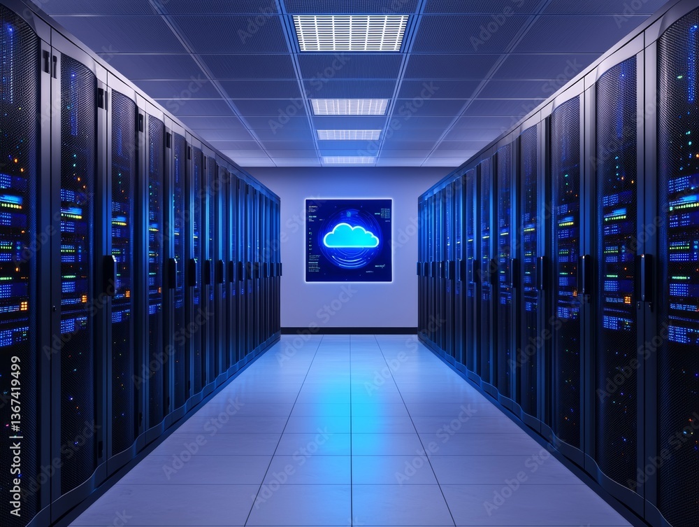 Poster modern data center server room overview high-tech facility digital infrastructure bright lighting wi