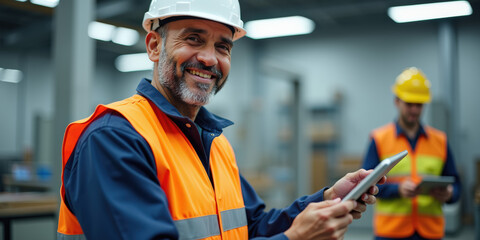 A cheerful middle-aged Hispanic man in a safety vest holds a tablet, smiling in a warehouse setting, while a younger man in a yellow hard hat looks on